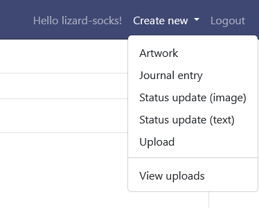 The"Create new" menu in Pandacap, with options:artwork; journal entry; status update (image); status update(text); and upload; and another link: "viewuploads"